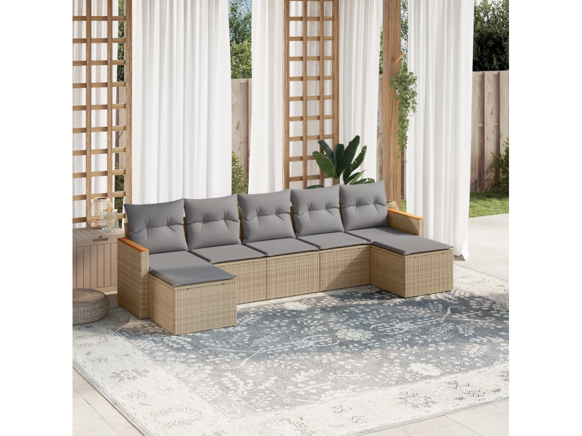 Vidaxl 7 Pcs Conjunto De Sofás P/ Jardim Com Almofadões Vime Pe Bege