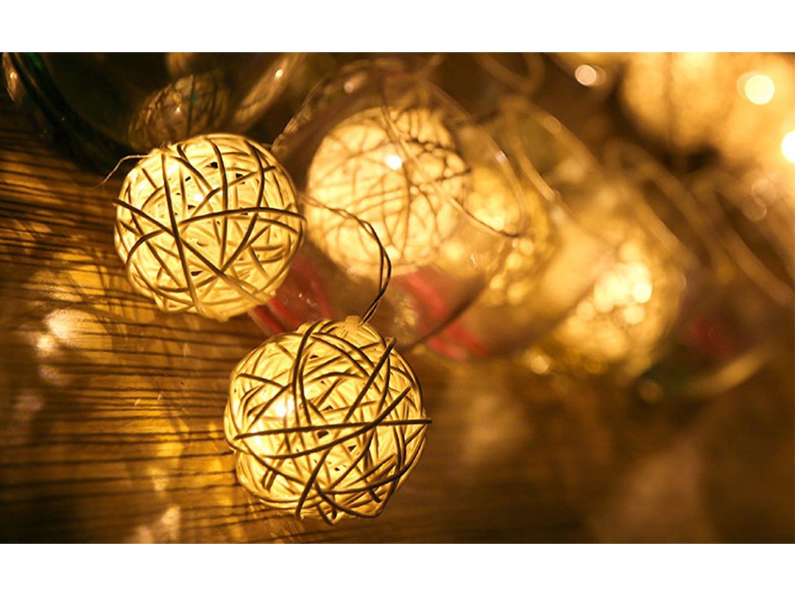 Cordão de Luzes de Rattan 3 Metros com 20 Bolas e Plugue, Iluminação Flexível e Romântica para Decoração de Casa BRILVIBERA (branco Quente)