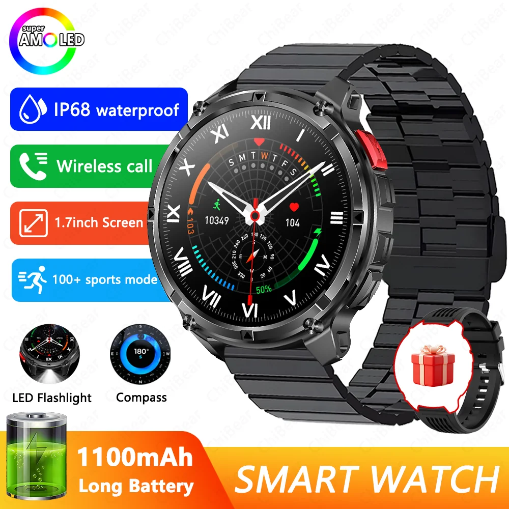 Smartwatch com Gps, À Prova D'água, Bluetooth e Funções de Chamada, Tela Grande de 1,7 Polegadas MDUG (aço Preto)