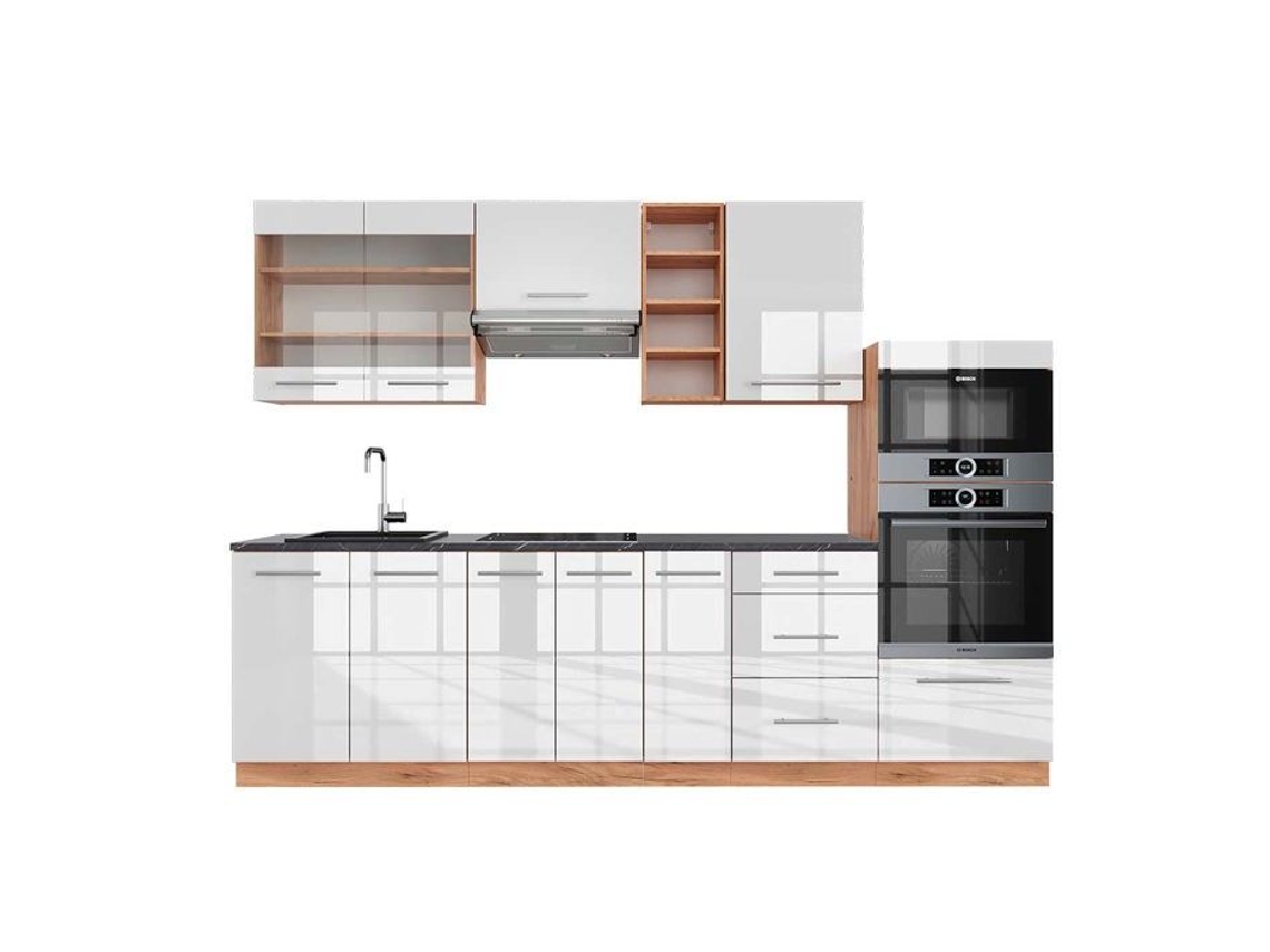 Cozinha Fame-Line, 280 cm, PT Antracite, Branco brilhante/Carvalho dourado VICCO