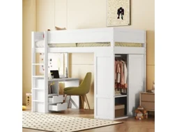 Cama alta multifuncional infantil de 90x200cm, equipada com guarda-roupa, escrivaninha e gavetas, branca.