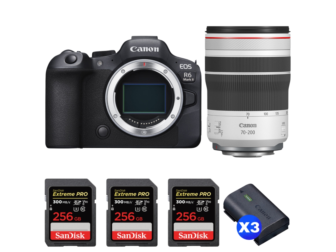 Eos R6 Mark Ii + Rf 70 200mm F/4 L Is Usm + 3 Sandisk 256gb Uhs ii 300mb/s + 3 Canon Lp e6nh + Ebook “20 Dicas para Fotos Que Impressionam” CANON