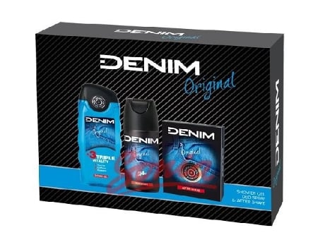 conjunto DENIM presente Original (100 ml aftershave, gel de banho, 250ml desodorante spray e 150ml)