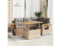 Vidaxl 5 Pcs Conj. Sofás P/ Jardim C/ Almofadões Vime Pe/acácia Bege