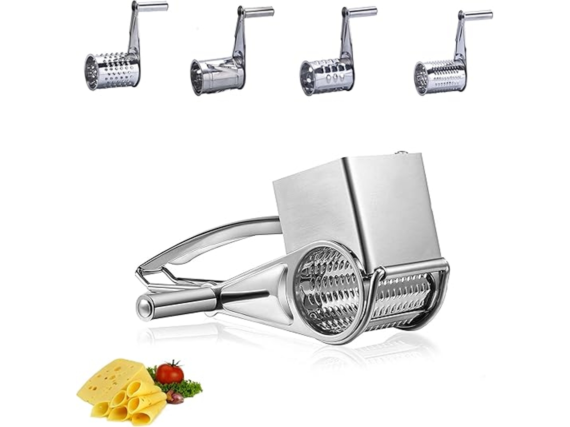 Ralador De Queijo Rotativo 20 X 8,2 Cm, Prateado, Cortador Legumes Em Aço Inoxidável, Com 4 Lâminas Rolo, 1 Aquaforge