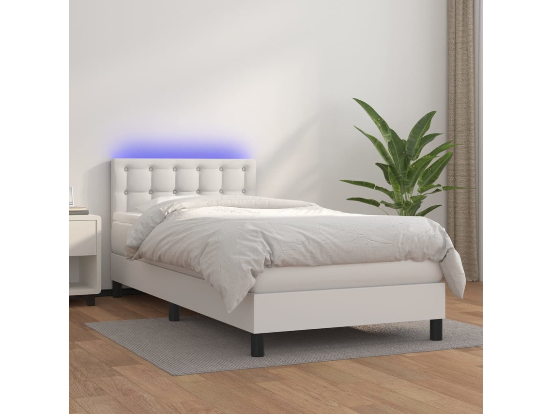 Cama Box Spring C/ Colchão/led 90x200cm Couro Artificial Branco
