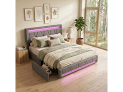 Cama Estofada 140x200 Cm, com 4 Gavetas Extraíveis, Cama Dupla com Cabeceira Acolchoada de Altura Ajustável e Iluminação Led Rgb, Cinzento RESETIZE