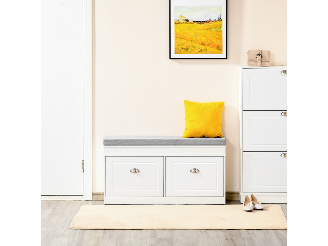 Panca Scarpiera Salvaspazio Em Madeira Com Almofada, 2 Gavetas Prateleira Regulável Para 8 Sapatos, 104x24x55cm, Branco