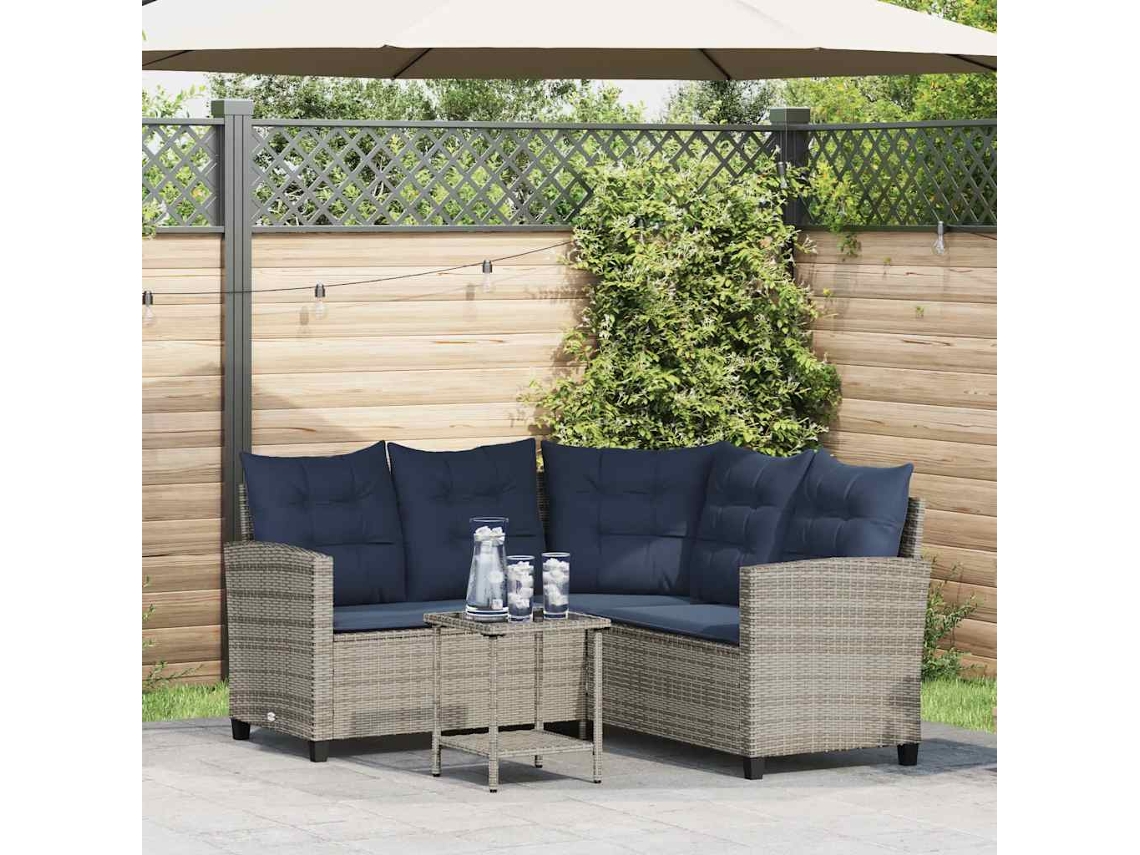 Vidaxl Sofá De Jardim Forma De L C/ Mesa E Almofadões Vime Pe Cinzento