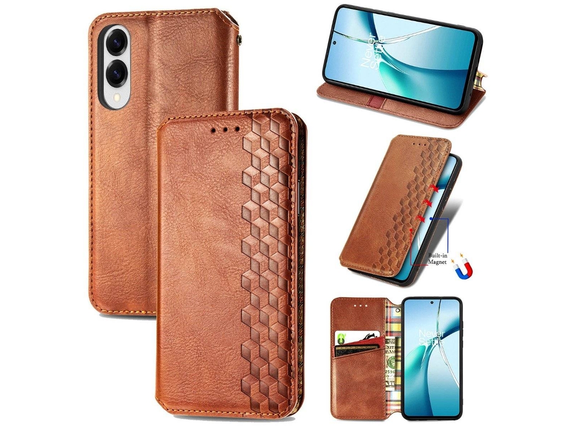 Capa Carteira Em Couro Pu Com Estampa De Losangos Para Samsung Galaxy S25 Edge, Marrom