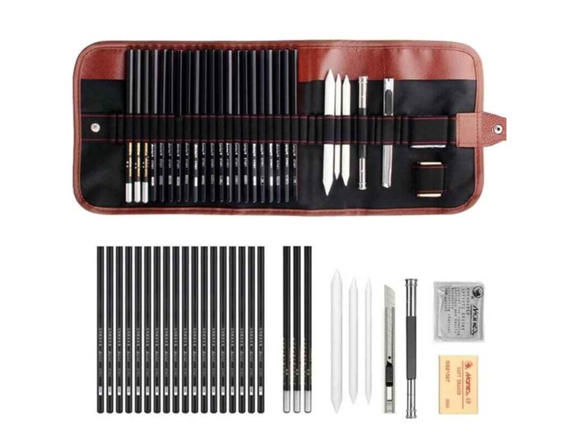 Conjunto de 29 Lápis de Desenho, para Esboço e de Carvão com Estojo AQUAFORGE
