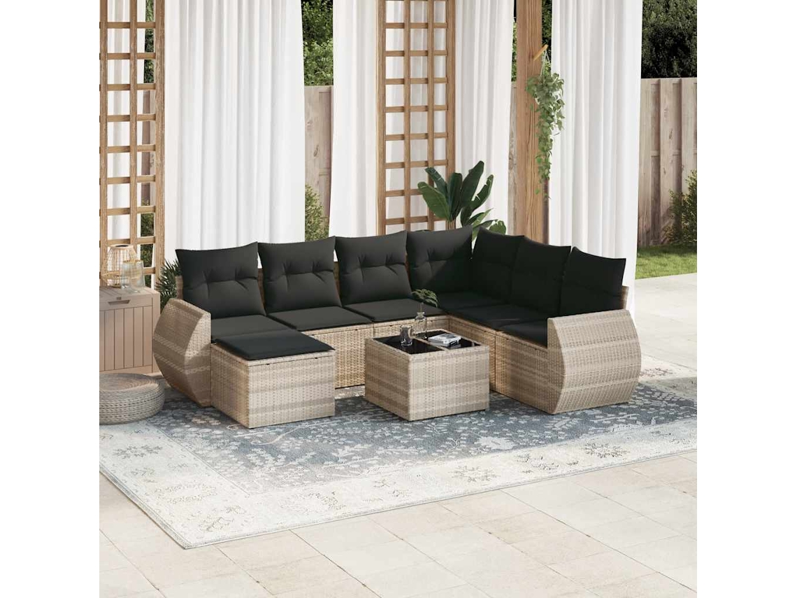 Vidaxl 8 Pcs Conj. Sofás Jardim C/ Almofadões Vime Pe Cinzento-claro