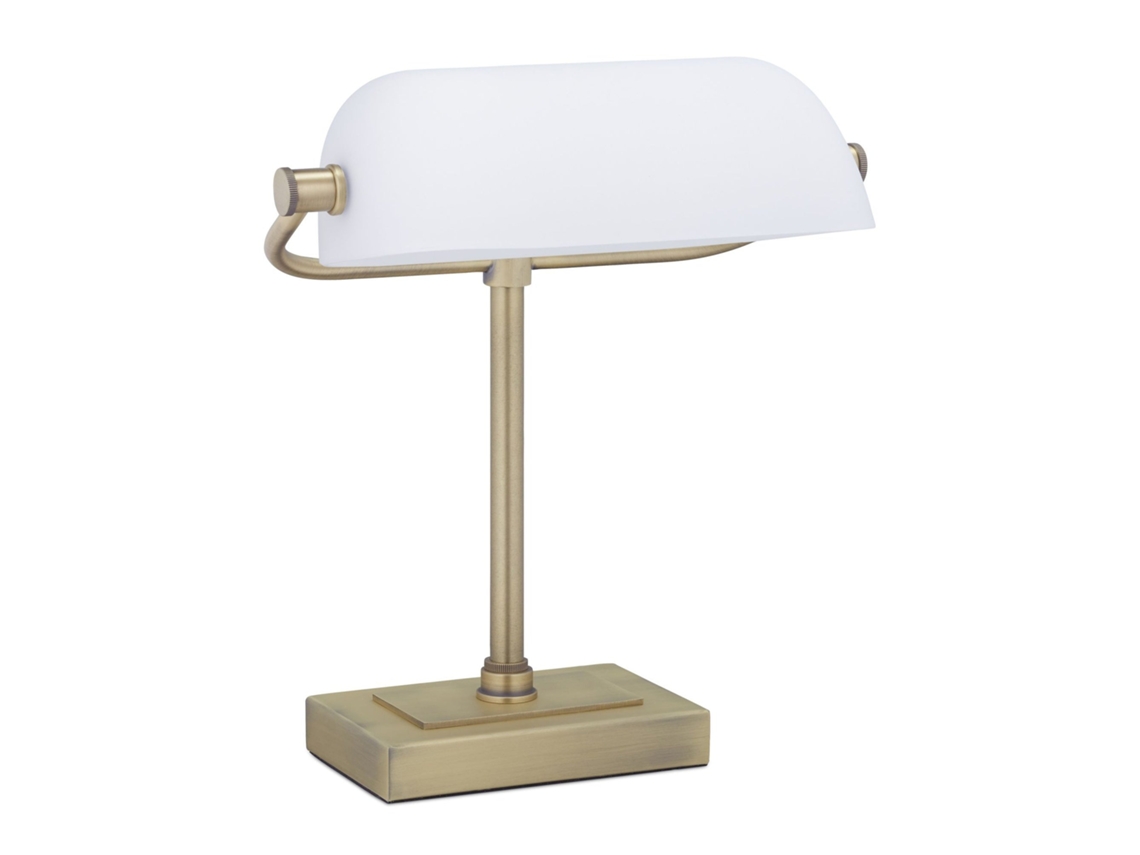 Candeeiro De Mesa Banqueiro Com Vidro Branco E27 60w Base Latão