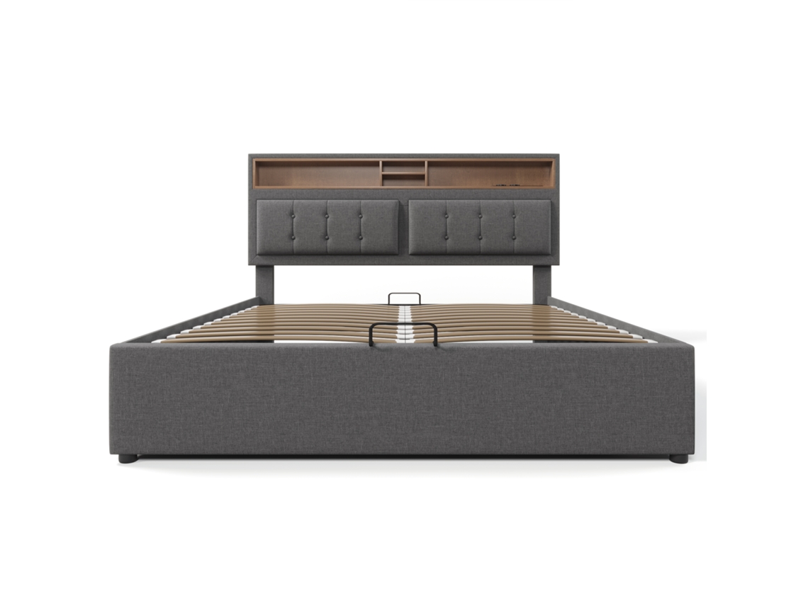 Cama de Casal Estofada 160x200 com Usb c,cabeceira,arrumação e Estrado de Ripas,ideal para Quarto Juvenil PAPRIKA
