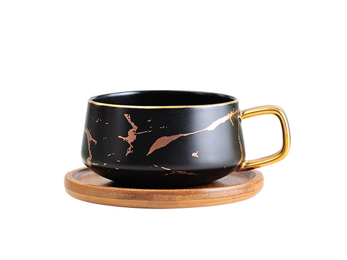 Conjunto de Canecas de Espresso de 300Ml Caneca de Cappuccino em Mármore com Pires Porcelana Caneca Pires Colher Preta NEVEANCE