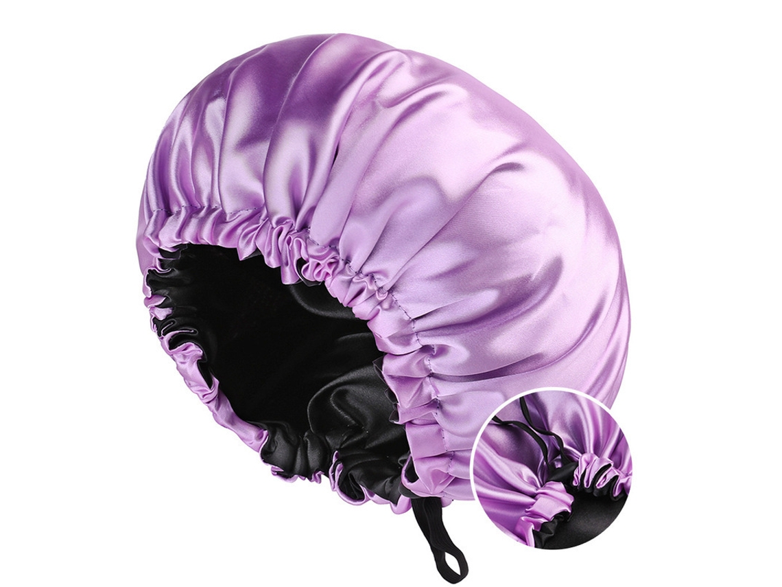 Touca de dormir feminina de cetim Aquaforge, camada dupla, botões ajustáveis, para beleza e penteados, roxo claro e preto