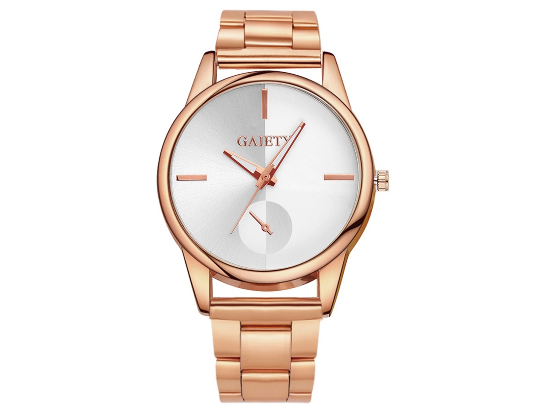 Relógio masculino de quartzo com pulseira de malha metálica, design simples e luxuoso na cor ouro rosa.