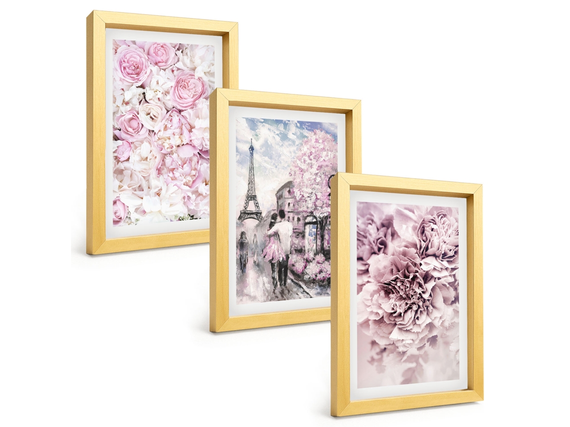 Composição De Quadros Flores, Tons De Rosa, Paisagem Espelharte (3 Peças 20x30 Cm)