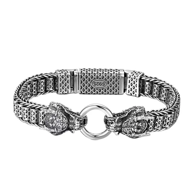Pulseira Masculina com Cabeça de Dragão Dupla, Estilo Punk Hip Hop Retrô, Corrente Tecida À Mão. MDUG (20 Cm)