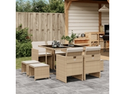 Conjunto 9 Peças Jantar P/ Jardim Com Almofadões Vime Pe Bege Dkd Home Decor