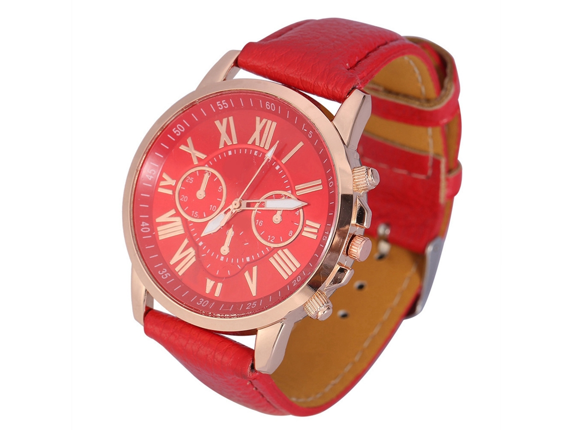 Relógio Analógico de Quartzo com Pulseira de Couro Pu para Mulheres, Vermelho
