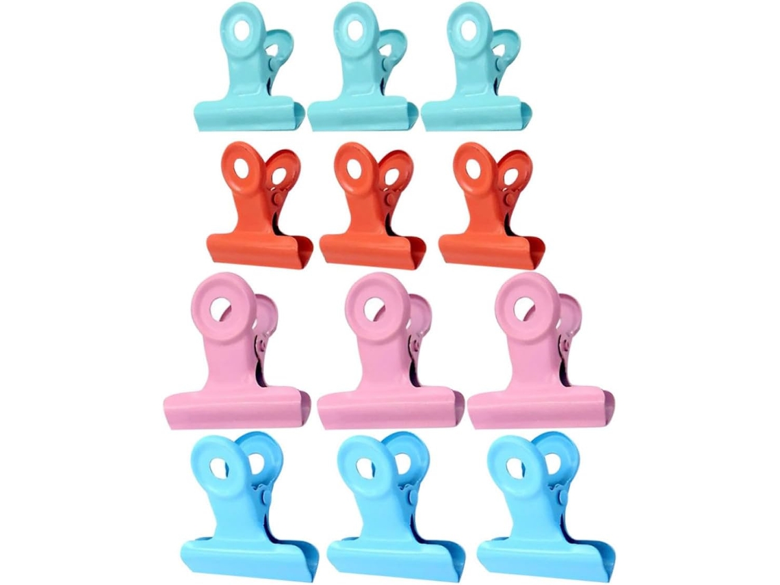 Conjunto Ukcoco com 12 clipes de plástico coloridos para selar alimentos com furo, mantendo os alimentos secos e protegidos.