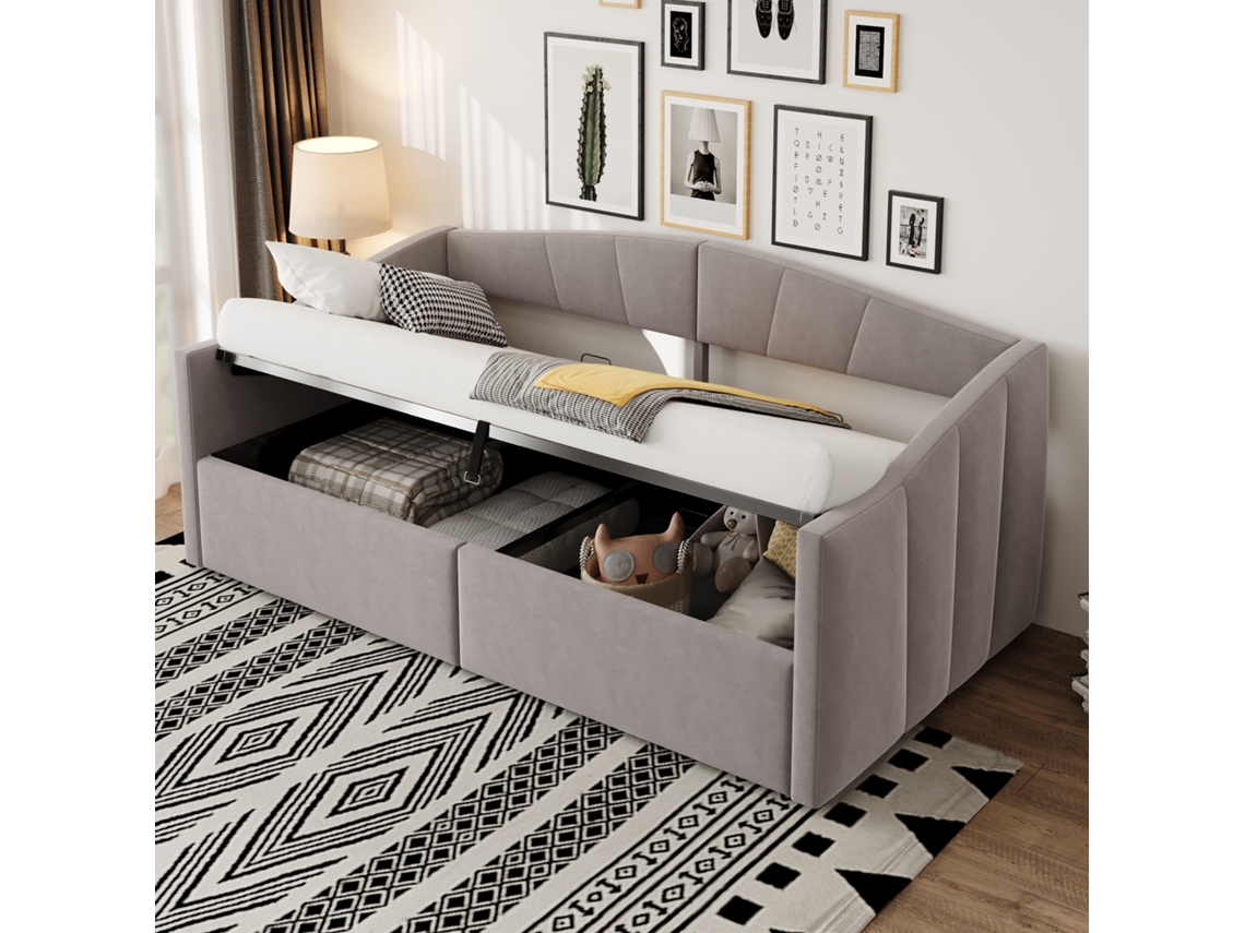 Sofá Cama Polster 90x200cm Com Sistema Hidráulico Braços Samt Cinza Claro