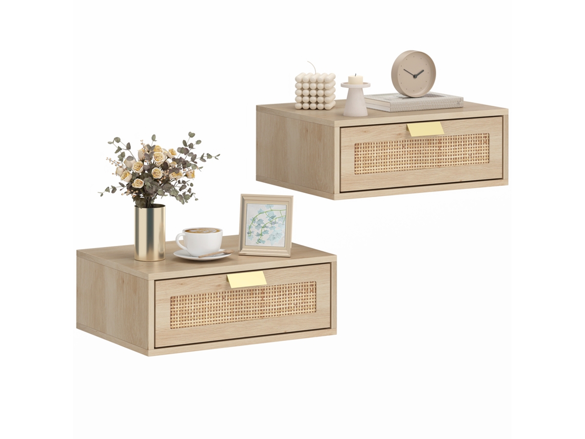 Conjunto de 2 Mesas de Cabeceira Flutuantes com Gaveta de Vime Economizando Espaço Design Moderno 40x30x15 Cm Natural Durável