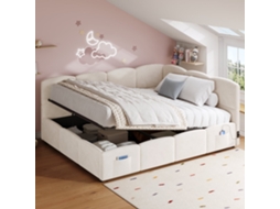Cama Estofada Multifuncional 140x190 Cm, Usb, Arrumação, Veludo Bege NOVELA