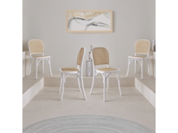 Cadeira Vintage Em Madeira E Revestida Em Rattan, Set De 4, Branco