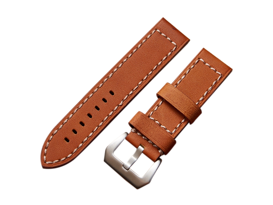 Pulseira de relógio masculina em couro genuíno com fivela de aço, 22 mm, marrom e prata.