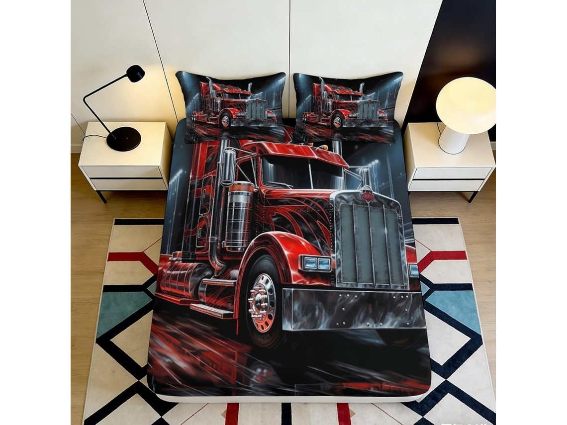 Conjunto de Cama com Estampa 3d Caminhão em Microfibra Fronha 200x200cm