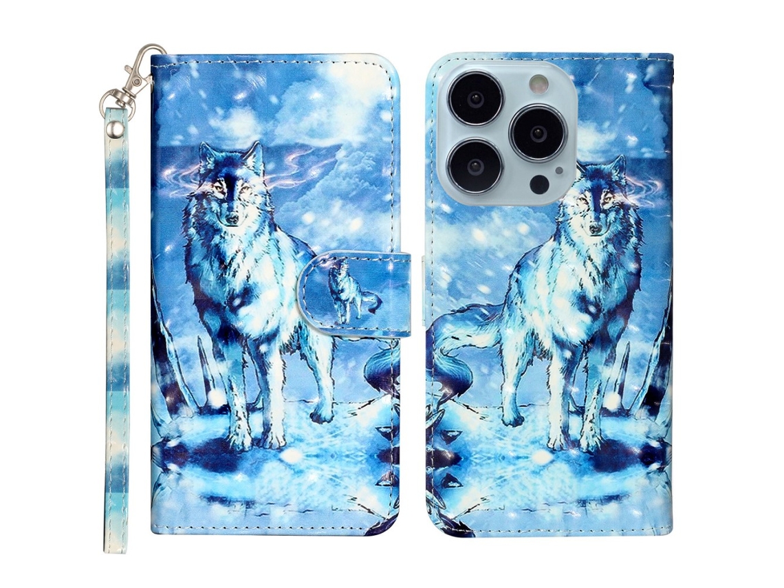 Capa Em Couro Pu Com Suporte Para Apple Iphone 16 Pro Max - Lobo Da Neve
