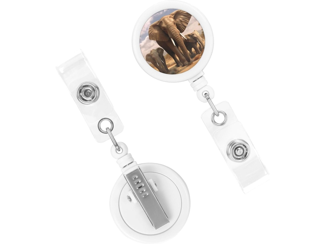 Chaveiro retrátil, resistente, com estampa de elefante, ideal para mesa ou área médica.