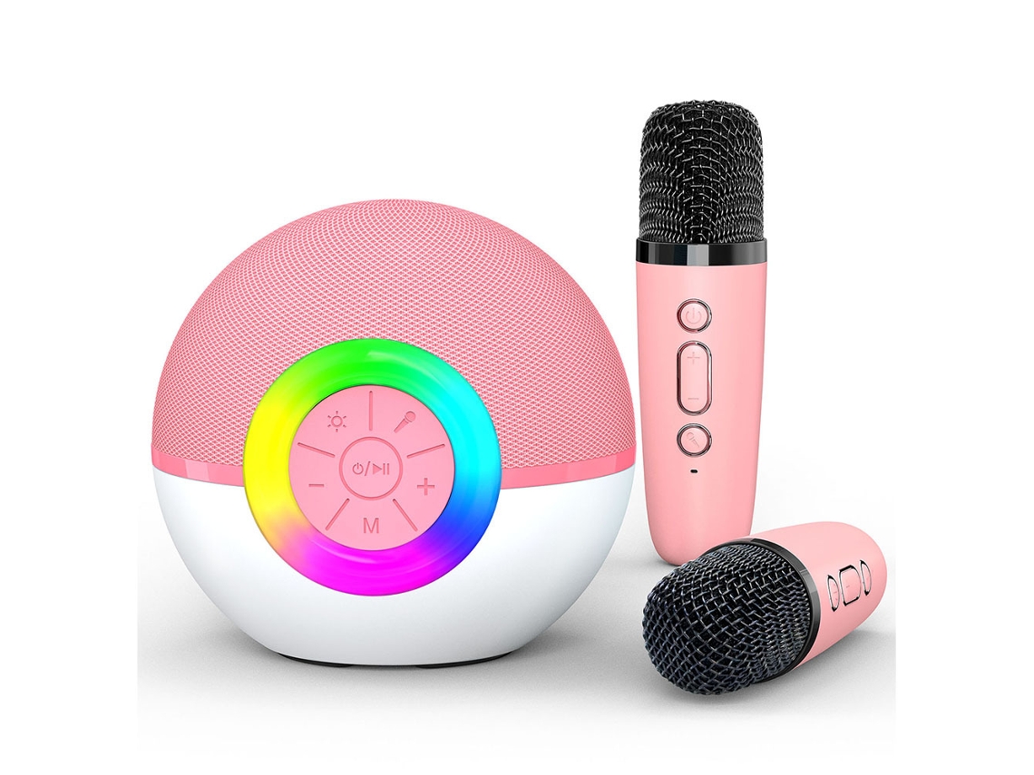Microfone Portátil Para Karaokê Mini Alto Falante Bluetooth Com 2 Microfones Sem Fio Rosa SUNNY SPACES