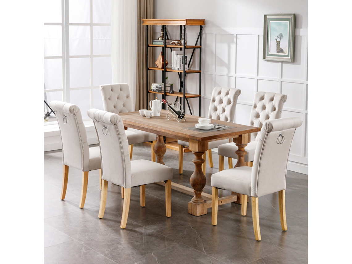 Conjunto De 6 Cadeiras De Sala De Jantar Em Veludo Com Pés De Carvalho,botão E Batente Cromado-ideal Para Quarto,cozinha Ou Sala De Estar,cor Be
