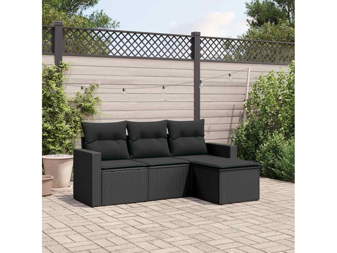 Vidaxl 4 Pcs Conjunto De Sofás Para Jardim C/ Almofadões Vime Pe Preto