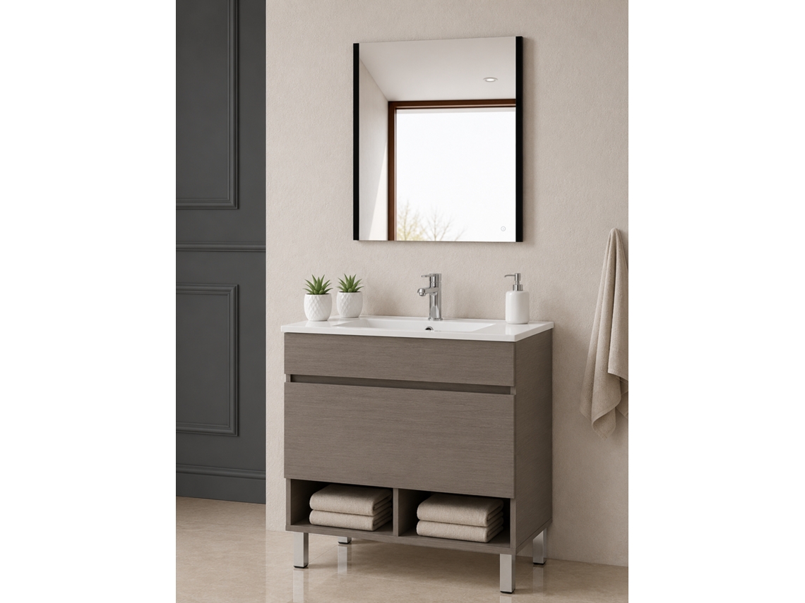 Móvel De Casa De Banho Com Pés Com Lavatório Extraplano Origenbath Nebari Sem Espelho 90x45 Cm Carvalho Smoky