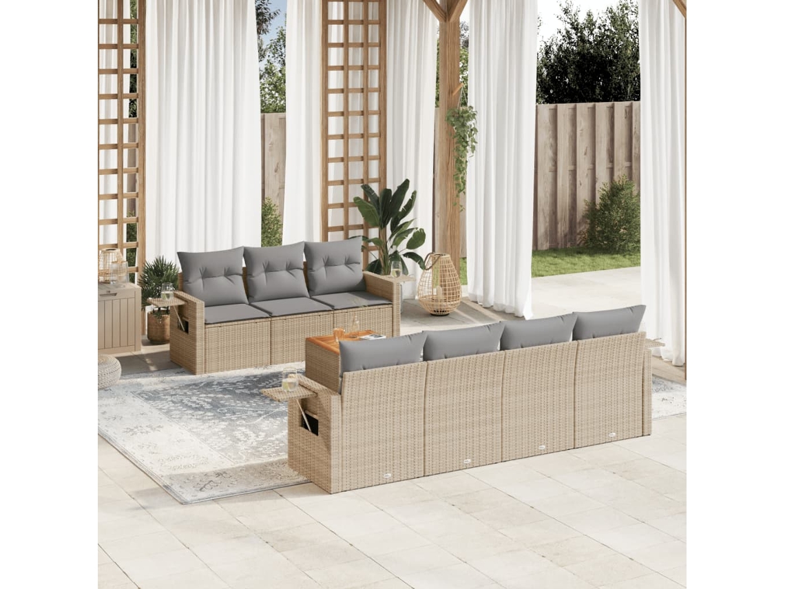 Vidaxl 8 Pcs Conj. Sofás Jardim C/ Almofadões Vime Pe Bege Misturado