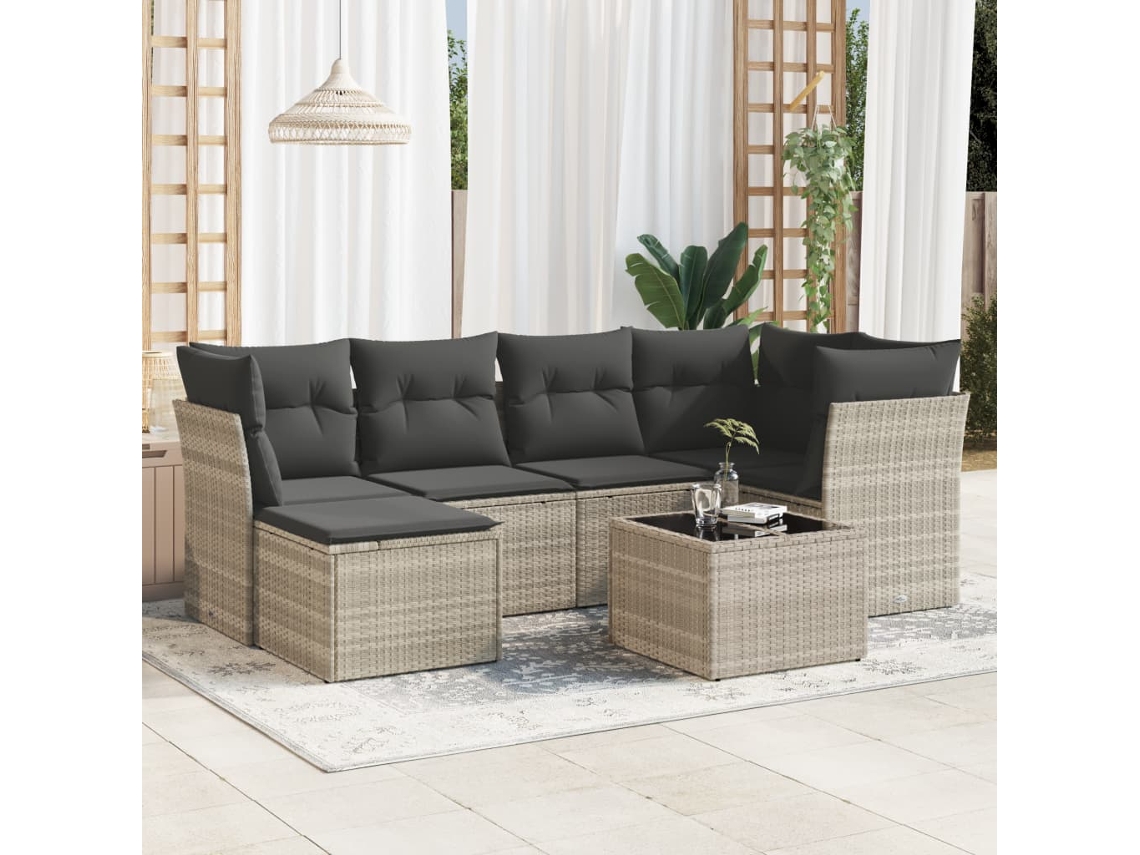 Vidaxl 7 Pcs Conj. Sofás Jardim com Almofadões Vime Pe Cinzento claro