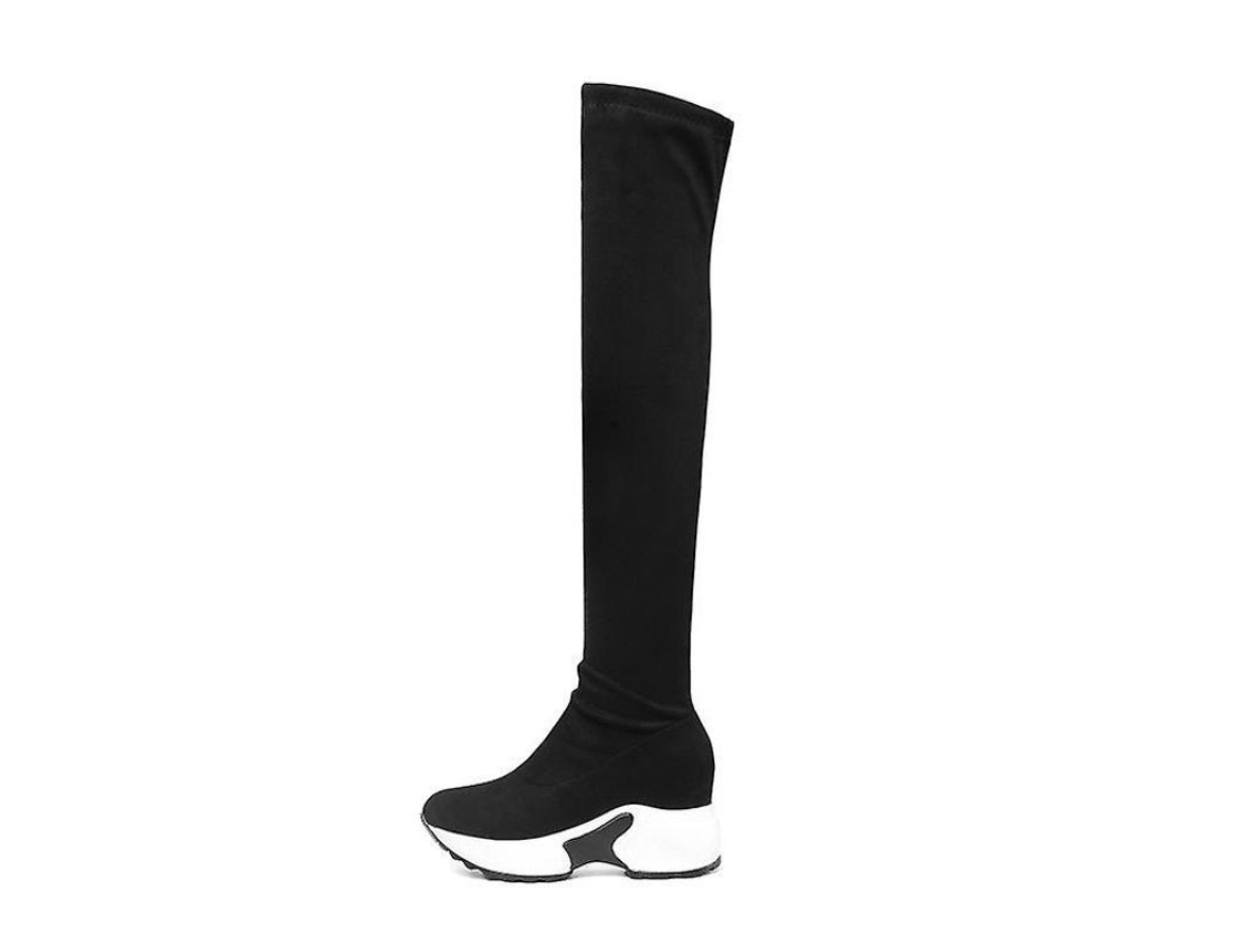 2026 botas de Mulher com Ponta Redonda Acima do Joelho de Têxto Elástico Inverno com Salto em Cunha de 9 Cm