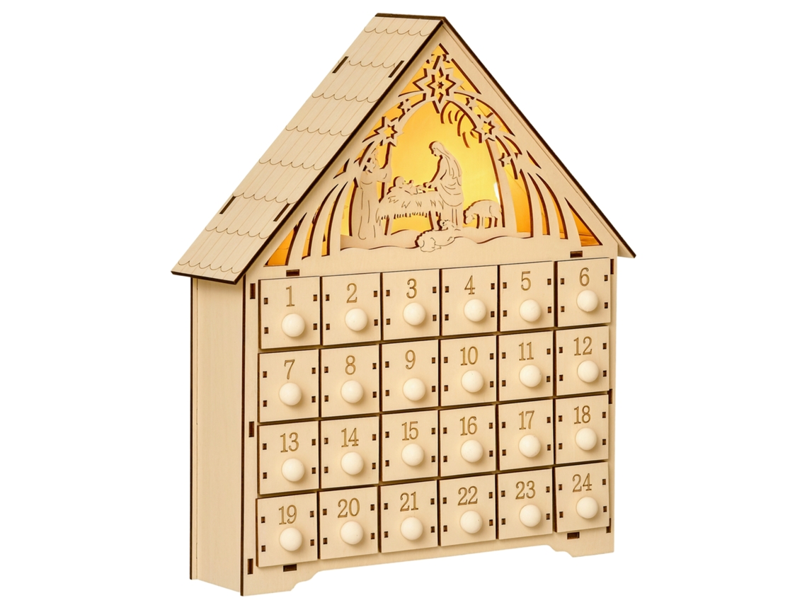 Calendário Do Advento De Madeira Com 24 Gavetas, Decoração Natalina Com Presépio Esculpido E Luzes, 26,6 X 6 X 30 Cm