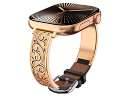Bracelete Para Apple Watch 42/41/40/38mm - Híbrida Aço Inoxidável Com Couro Genuíno E Entalhe Floral Retrô Ouro Rosa + Preto