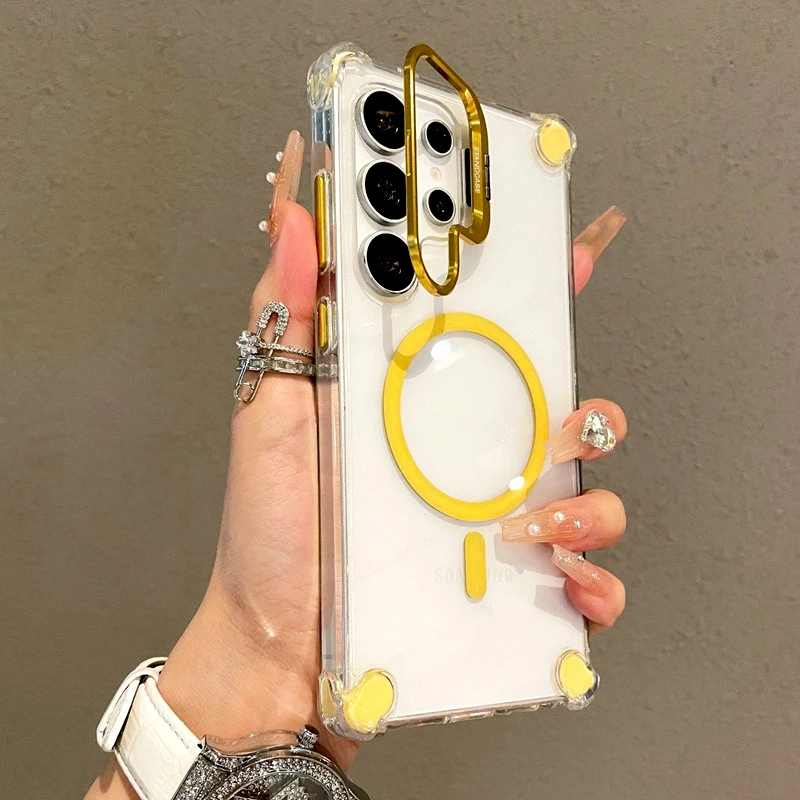 Capa Transparente Para Celular (galaxy A06 Amarela), Compatível Com Carregamento Sem Fio E Suporte.
