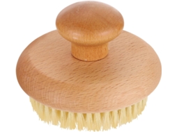 Esponja de limpeza redonda, leve e portátil, em material sintético amarelo.