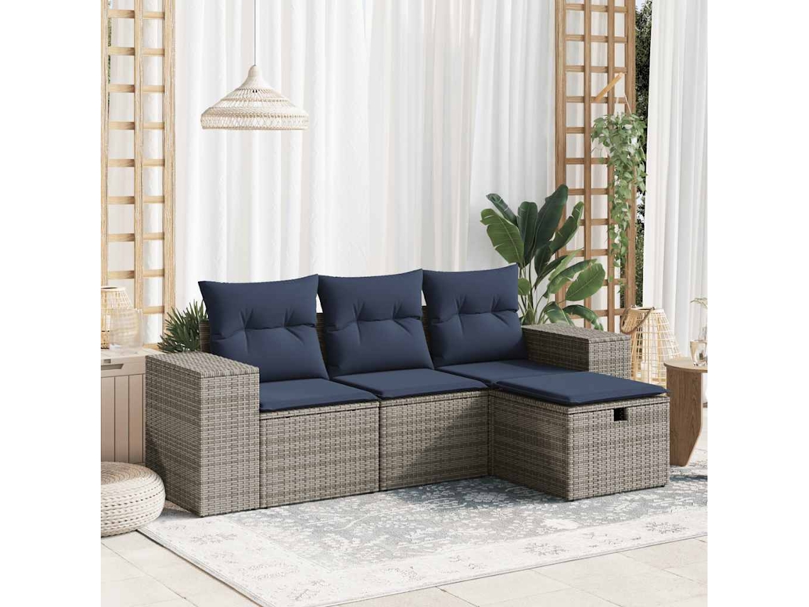 Vidaxl 4 Pcs Conjunto Sofás De Jardim C/ Almofadões Vime Pe Cinzento