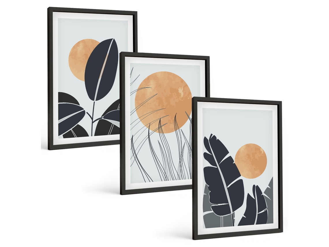 Conjunto De Pinturas Padrões De Plantas, Sóis Grandes E Minimalistas Espelharte (3 Peças 40x60 Cm)