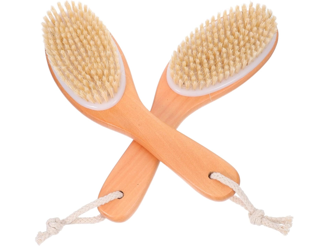 Escova De Banho Massageadora Healvian, 2 Peças, Com Cabo De Madeira, Cerdas Para Escovação A Seco, Esfoliante Corporal
