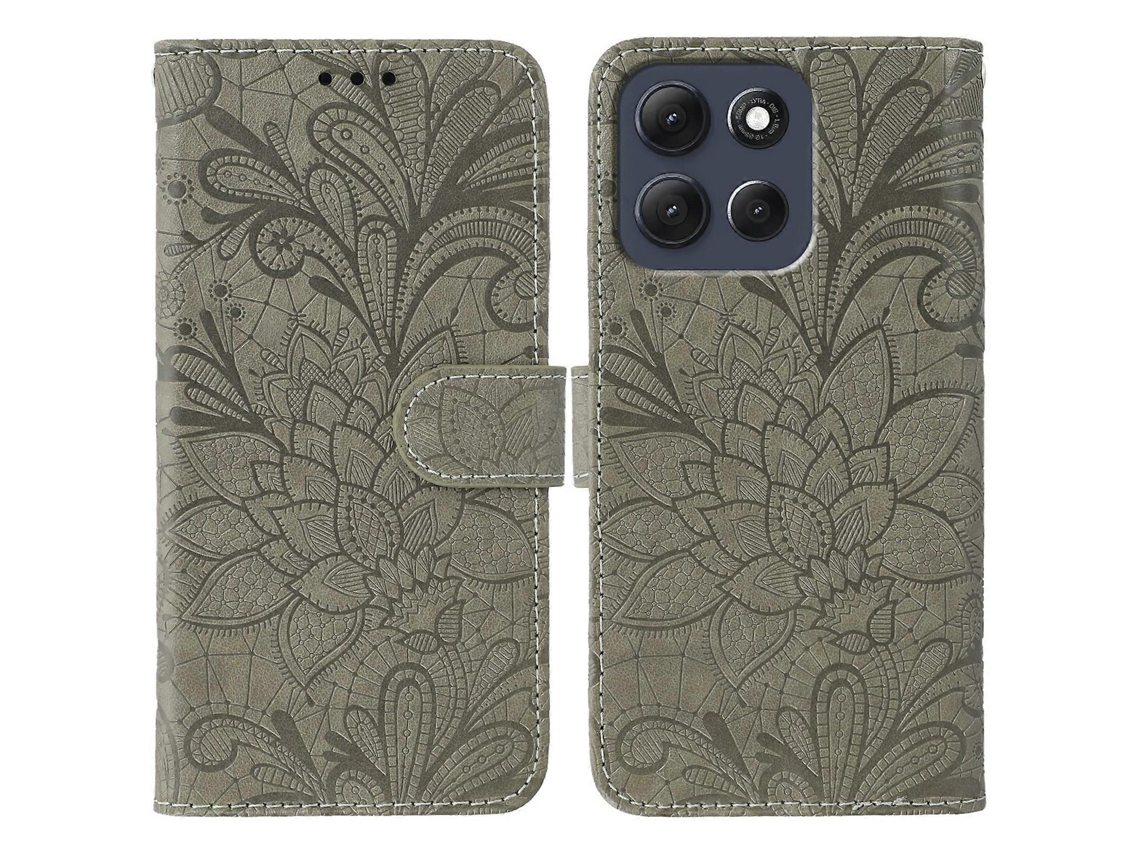 Capa Tipo Carteira De Couro Pu Com Estampa De Flores De Renda Para Motorola Moto G86 5g, Cinza