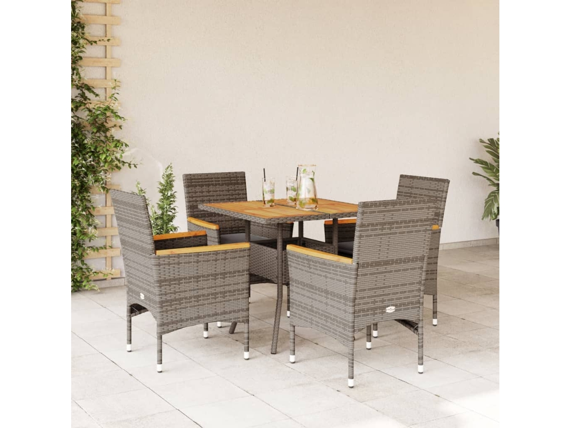 Vidaxl 5 Pcs Conjunto Jantar Jardim C/ Almofadões Vime Pe/acácia Cinza